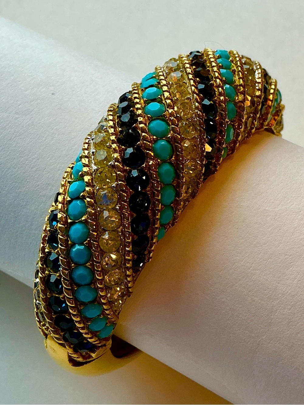 VTG JOMAZ Joseph Mazer Turquoise Blue Rhinestone Hinged Cuff Dome Bracelet Bold!